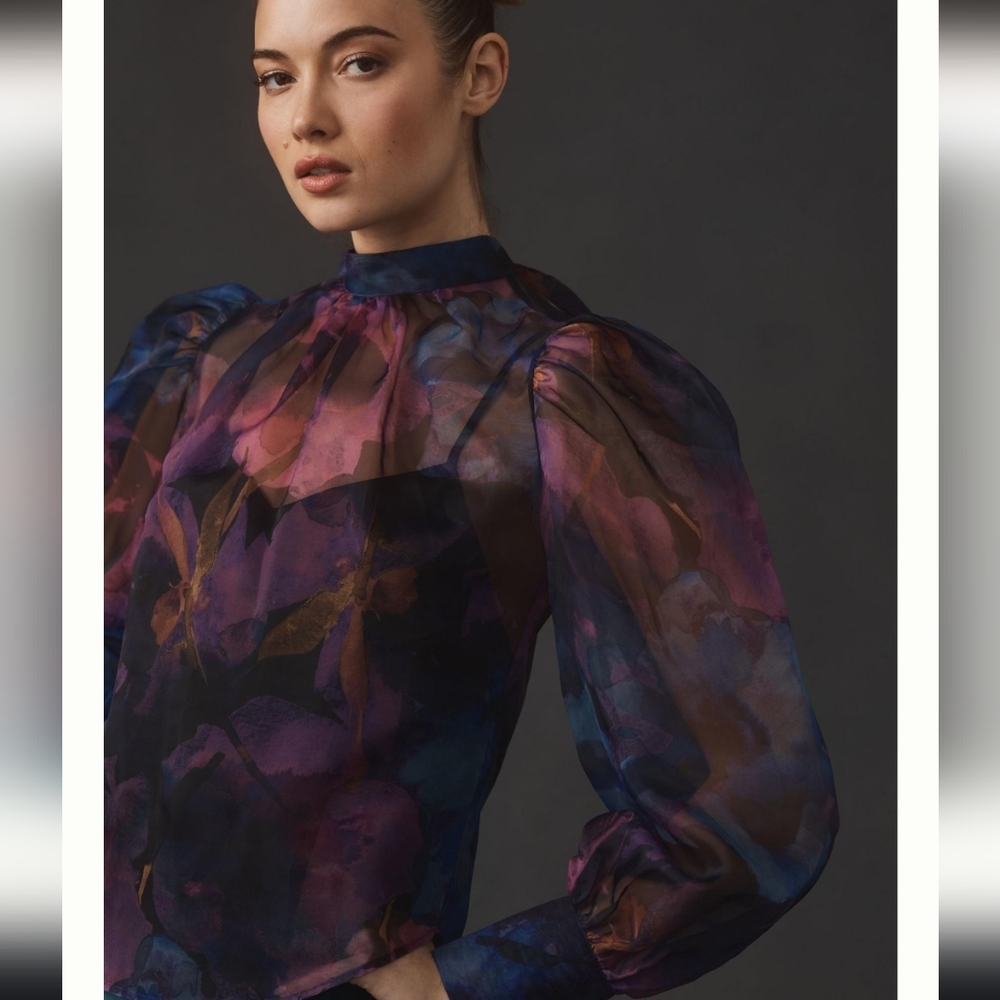 Anthropologie Organza Back Bow Puff Sleeve Blouse Size XS Black Purple B… - Picture 3 of 14